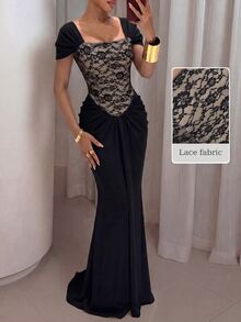 NOVVYNE Damen Schwarzes Blumenmuster Strick Kurzarm Spitze Patchwork Tailliert gerafft Bodycon elegantes romantisches Kleid Hochzeit Abendessen Cocktail Sommer - Schwarz - Übersicht 2