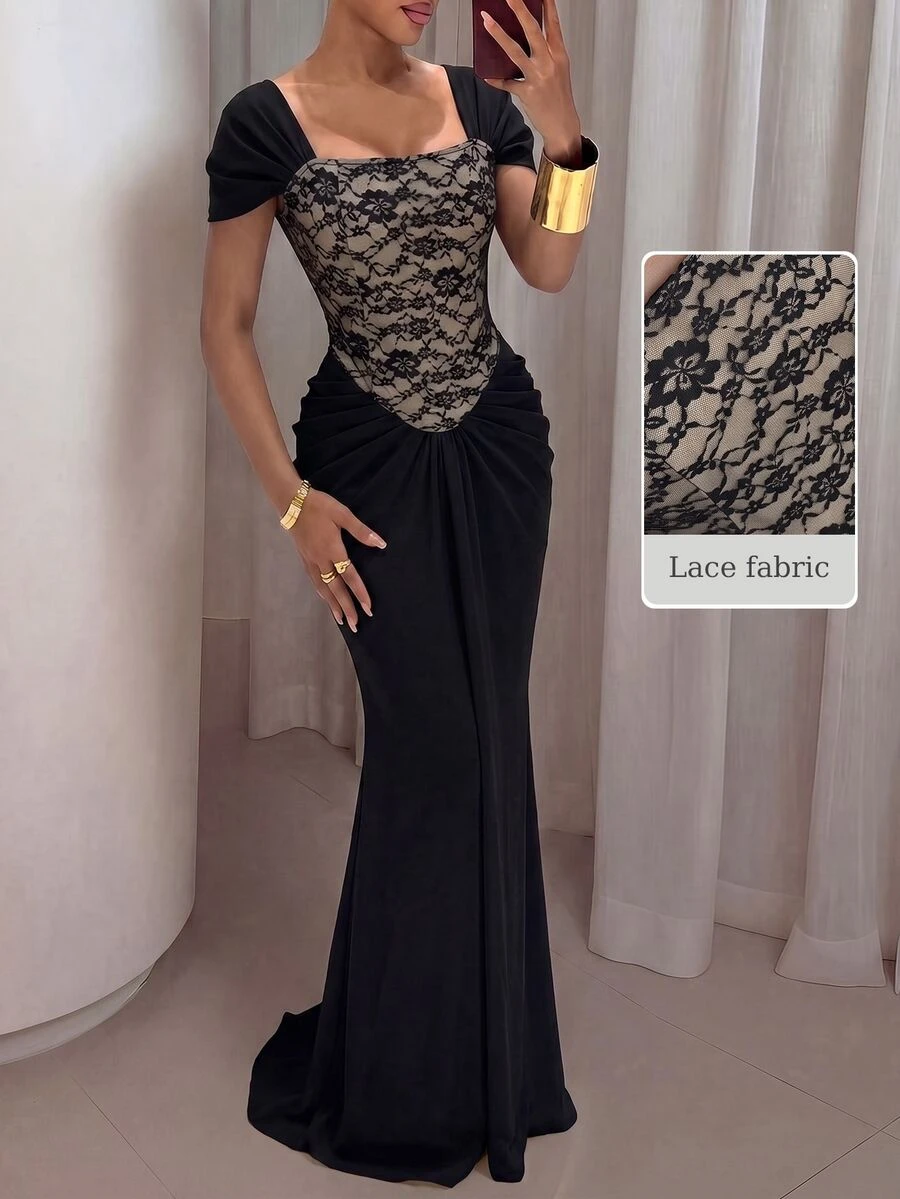 NOVVYNE Damen Schwarzes Blumenmuster Strick Kurzarm Spitze Patchwork Tailliert gerafft Bodycon elegantes romantisches Kleid Hochzeit Abendessen Cocktail Sommer