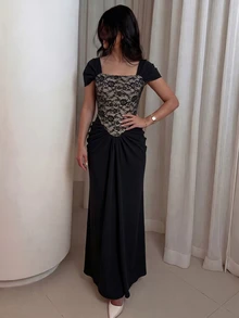 NOVVYNE Damen Schwarzes Blumenmuster Strick Kurzarm Spitze Patchwork Tailliert gerafft Bodycon elegantes romantisches Kleid Hochzeit Abendessen Cocktail Sommer - Schwarz - Übersicht 7