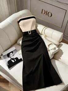 Vestido casual de mujer con bloques de color sin tirantes, ajuste ceñido a la cintura, dobladillo plisado, vestido con abertura sexy, vestido - Albaricoque - Ver 3