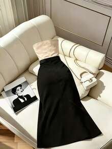 Vestido casual de mujer con bloques de color sin tirantes, ajuste ceñido a la cintura, dobladillo plisado, vestido con abertura sexy, vestido - Albaricoque - Ver 2