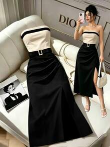 Vestido casual de mujer con bloques de color sin tirantes, ajuste ceñido a la cintura, dobladillo plisado, vestido con abertura sexy, vestido - Albaricoque - Ver 1