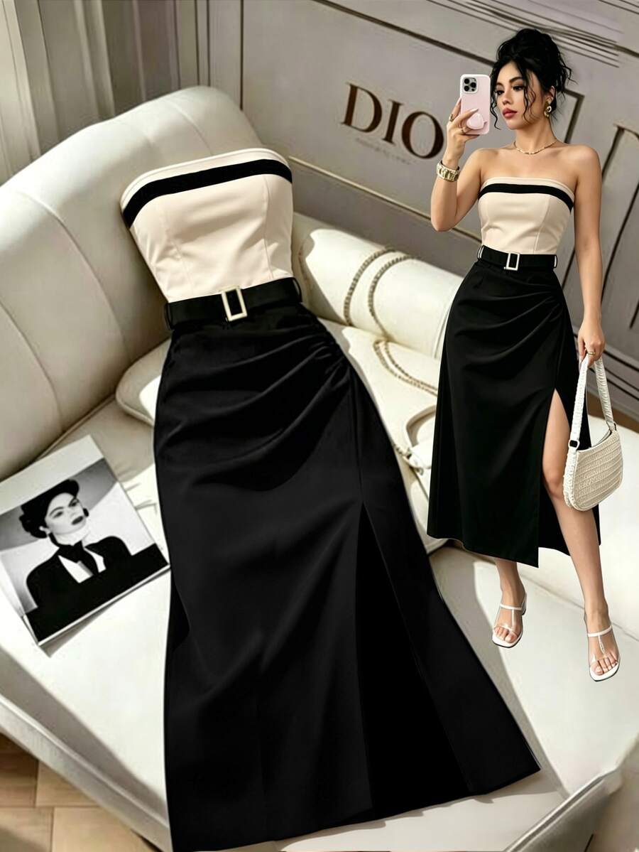 Vestido casual de mujer con bloques de color sin tirantes, ajuste ceñido a la cintura, dobladillo plisado, vestido con abertura sexy, vestido - Albaricoque - Ver 1