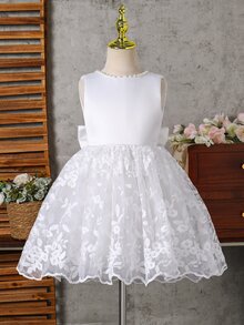 SHEIN Glamorique Kids 女童白色無袖珍珠蝴蝶結刺繡網紗洋裝，適合晚宴、生日派對、表演、夏季 - 白色 - 查看 8