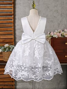 SHEIN Glamorique Kids 女童白色無袖珍珠蝴蝶結刺繡網紗洋裝，適合晚宴、生日派對、表演、夏季 - 白色 - 查看 4
