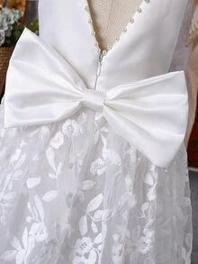 SHEIN Glamorique Kids 女童白色無袖珍珠蝴蝶結刺繡網紗洋裝，適合晚宴、生日派對、表演、夏季 - 白色 - 查看 7