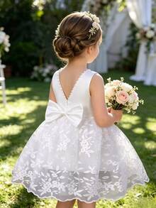 SHEIN Glamorique Kids 女童白色無袖珍珠蝴蝶結刺繡網紗洋裝，適合晚宴、生日派對、表演、夏季 - 白色 - 查看 3