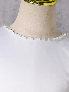 SHEIN Glamorique Kids 女童白色無袖珍珠蝴蝶結刺繡網紗洋裝，適合晚宴、生日派對、表演、夏季 - 白色 - 查看 5