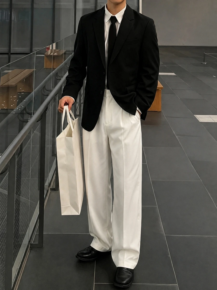 DAZY Spring/Autumn Solid Color Long Loose Straight Leg Beige Men's Dress Pants - White - View 1