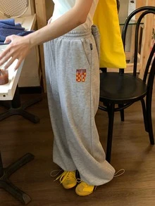 DAZY Women's Drawstring Waist Letter Number Print Casual Streetwear Sport Everyday Long Pants Autumn Gym Grey - Grey - View 5
