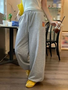 DAZY Women's Drawstring Waist Letter Number Print Casual Streetwear Sport Everyday Long Pants Autumn Gym Grey - Grey - View 4