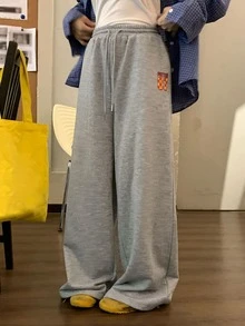 DAZY Women's Drawstring Waist Letter Number Print Casual Streetwear Sport Everyday Long Pants Autumn Gym Grey - Grey - View 7