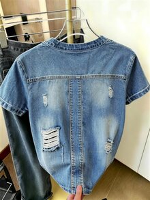Resyla Women's Denim Effect Print Round Neck Short Sleeve Casual T-Shirt - Multicolor - View 2