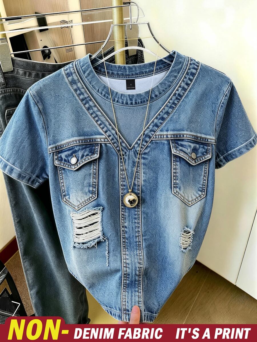 Resyla Women's Denim Effect Print Round Neck Short Sleeve Casual T-Shirt - Multicolor - View 1