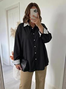SHEIN CURVE+ 大尺碼女款秋季休閒傳統教師節幾何印花長袖寬鬆舒適襯衫，黑色辦公正式秋季款 - 黑與白 - 查看 6