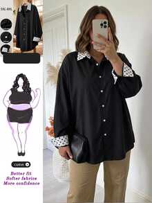SHEIN CURVE+ 大尺碼女款秋季休閒傳統教師節幾何印花長袖寬鬆舒適襯衫，黑色辦公正式秋季款 - 黑與白 - 查看 4