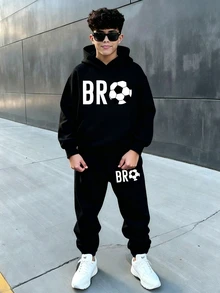 Tween Boys 1 Set Soccer Ball Bro Letter Print Hoodie & Sweatpants Long Sleeve Casual Sporty Black Fall Winter Daily Clothes - Black - View 1