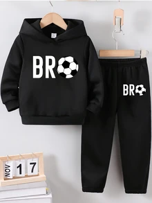 Tween Boys 1 Set Soccer Ball Bro Letter Print Hoodie & Sweatpants Long Sleeve Casual Sporty Black Fall Winter Daily Clothes - Black - View 4