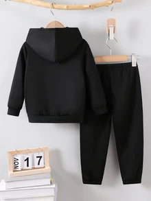 Tween Boys 1 Set Soccer Ball Bro Letter Print Hoodie & Sweatpants Long Sleeve Casual Sporty Black Fall Winter Daily Clothes - Black - View 2