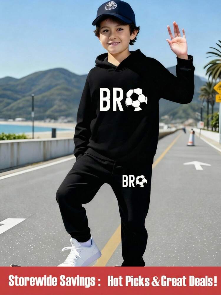 大童男孩 1 套足球 Bro 字母印花連帽衛衣與運動長褲，長袖休閒運動風，黑色秋冬日常穿著 - 黑色 - 查看 3