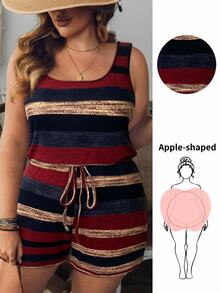 SHEIN VCAY Plus Size Women Striped Sleeveless Casual Romper, Summer,Vintage - Red - View 8