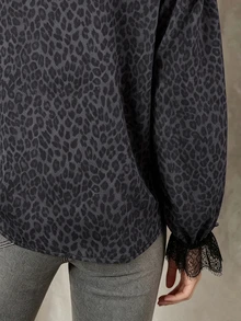 Trelyra Leopard Print Contrast Lace Bishop Sleeve Shirt - Black - View 4