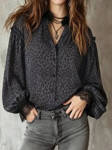 Trelyra Leopard Print Contrast Lace Bishop Sleeve Shirt - Black - View 1