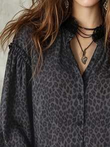 Trelyra Leopard Print Contrast Lace Bishop Sleeve Shirt - Black - View 3