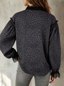 Trelyra Leopard Print Contrast Lace Bishop Sleeve Shirt - Black - View 2