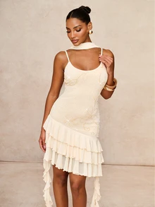Lumalex Women's Mini Dress With Sequin Embellishments, Spaghetti Straps, Cinched Waist, Fitted Silhouette, Multi-Layer Ruffle Hem, Mesh Patchwork, Flowy Soft Ribbon - Apricot - View 10