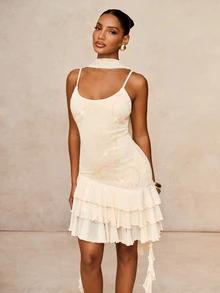 Lumalex Women's Mini Dress With Sequin Embellishments, Spaghetti Straps, Cinched Waist, Fitted Silhouette, Multi-Layer Ruffle Hem, Mesh Patchwork, Flowy Soft Ribbon - Apricot - View 5