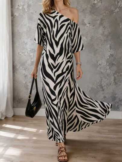 Yunfilé Women's Elegant Loose Dress, Textured Off-Shoulder Design, Animal Zebra Print, Suitable For Vacation And Casual Outings Black And White Autumn