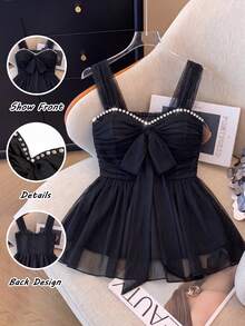 Franclia Plus Size Sleeveless Pearl Decor Bow Tie Ruffle Hem Elegant Romantic Blouse For Women - Black - View 1