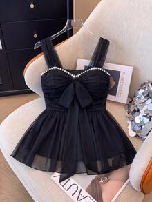 Franclia Plus Size Sleeveless Pearl Decor Bow Tie Ruffle Hem Elegant Romantic Blouse For Women - Black - View 3