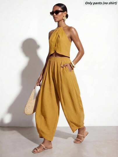 Zivah Women's Solid Color Elastic Waist Pleated Casual Versatile Daily Travel Long Pants