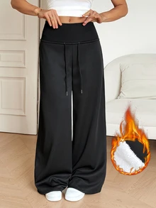 SHEIN Tall Pantalones deportivos sueltos de pierna ancha con cintura con cordón de unicolor para mujer - Negro - Ver 4