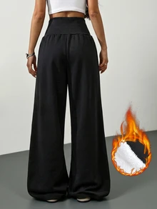 SHEIN Tall Pantalones deportivos sueltos de pierna ancha con cintura con cordón de unicolor para mujer - Negro - Ver 2