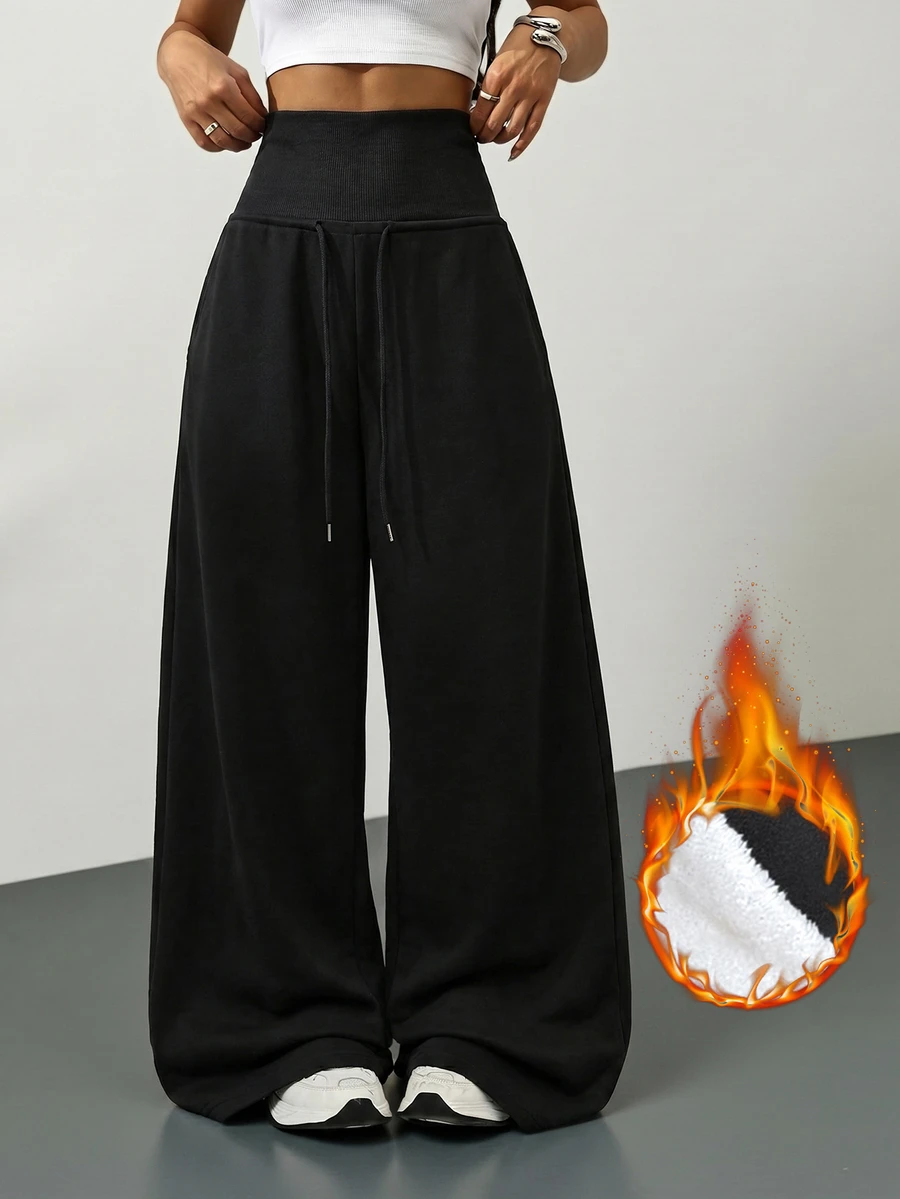SHEIN Tall Pantalones deportivos sueltos de pierna ancha con cintura con cordón de unicolor para mujer - Negro - Ver 1