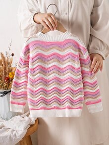 SHEIN 女童針織條紋休閒V領開襟毛衣 秋冬毛衣 - 彩色 - 查看 7