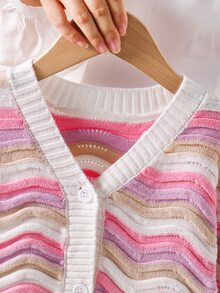 SHEIN 女童針織條紋休閒V領開襟毛衣 秋冬毛衣 - 彩色 - 查看 8