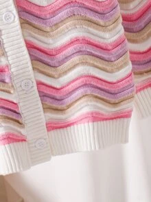 SHEIN 女童針織條紋休閒V領開襟毛衣 秋冬毛衣 - 彩色 - 查看 10