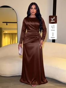 SOLERSUN 女士优雅纯色褶边缎面紧身连衣裙，适合约会派对长款女装 - 咖啡棕 - 查看 3