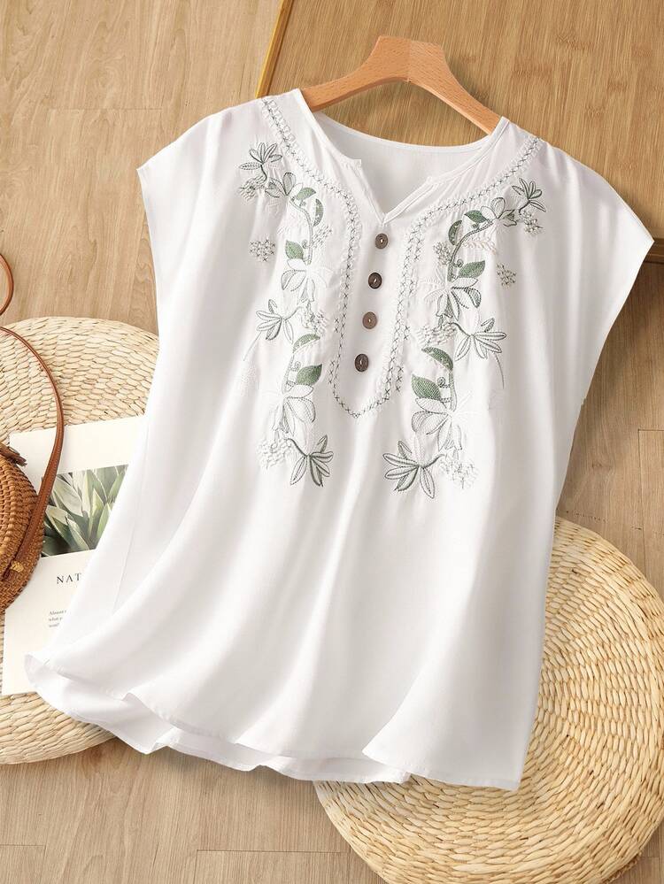 Rusticease Blusa de mujer con cuello en V sin mangas, vintage, casual, con bordado para el verano - Blanco - Añade 7