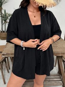 SHEIN VCAY Plus Size Solid Color Short Sleeve Shirt And Drawstring Waist Casual Shorts 2pcs Set - Black - View 4