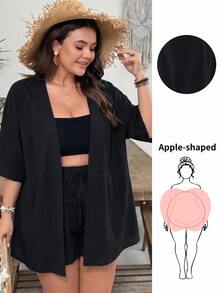 SHEIN VCAY Plus Size Solid Color Short Sleeve Shirt And Drawstring Waist Casual Shorts 2pcs Set - Black - View 1