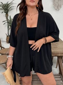 SHEIN VCAY Plus Size Solid Color Short Sleeve Shirt And Drawstring Waist Casual Shorts 2pcs Set - Black - View 6
