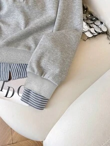 INAWLY 女式条纹印花半拉链纽扣休闲长袖运动衫 - 淺灰色 - 查看 5