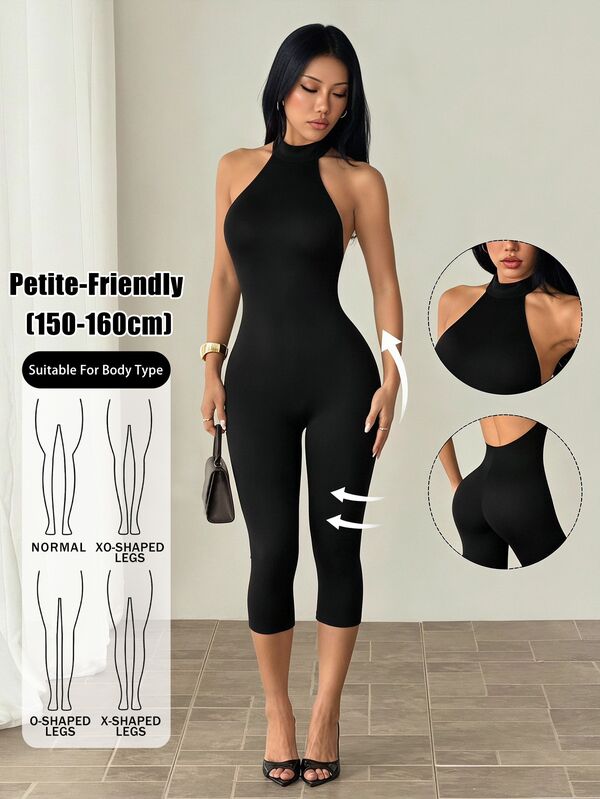 SHEIN PETITE Elegant And Stylish Fitted, Bodycon, High-Neck Cropped Jumpsuit-Perfect For Petite Figures.