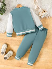 SHEIN 70% Cotton, Classic Varsity Baseball Jacket With Letter‑A Patch, Color‑Block Splicing And Striped Rib Cuffs For Stylish Toddlers. - Cadet Blue - View 2