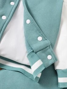 SHEIN 70% Cotton, Classic Varsity Baseball Jacket With Letter‑A Patch, Color‑Block Splicing And Striped Rib Cuffs For Stylish Toddlers. - Cadet Blue - View 5